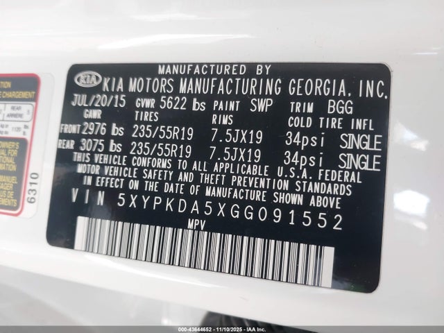 KIA Sorento 3.3l Sx 2016 5XYPKDA5XGG091552 Image 9