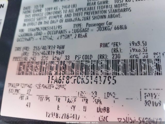 2019 FORD MUSTANG 1FA6P8CF0K5141795 Photo 8