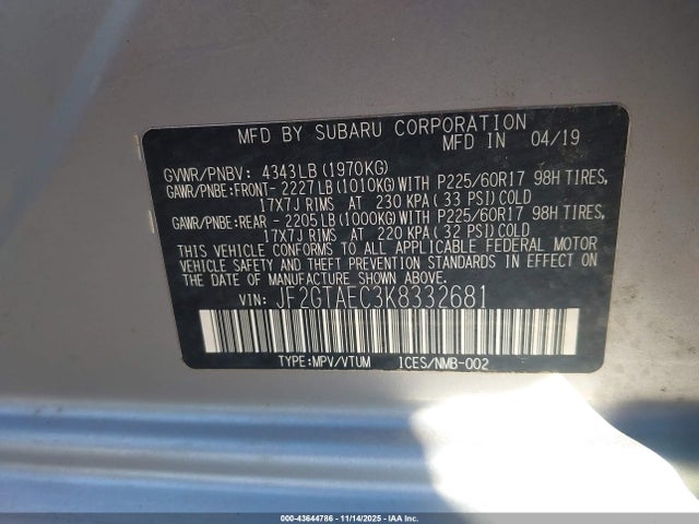 Продаж на аукціоні авто 2019 Subaru Crosstrek 2.0i Premium, vin: JF2GTAEC3K8332681, номер лоту: 43644786