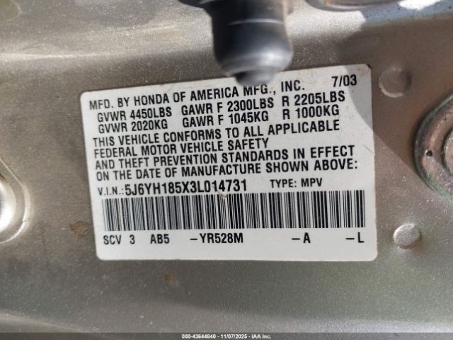 2003 HONDA ELEMENT 5J6YH185X3L014731 Photo 8