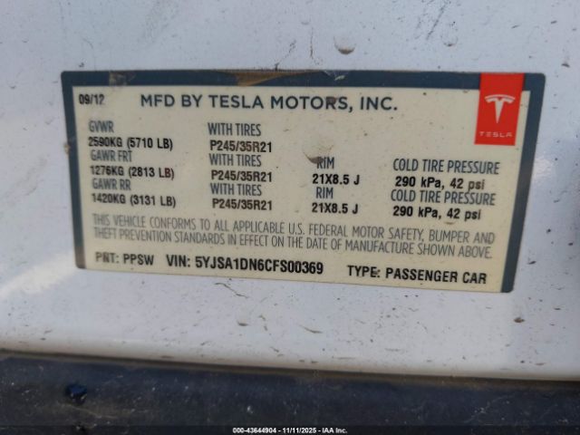 2012 TESLA MODEL S 5YJSA1DN6CFS00369 Photo 8