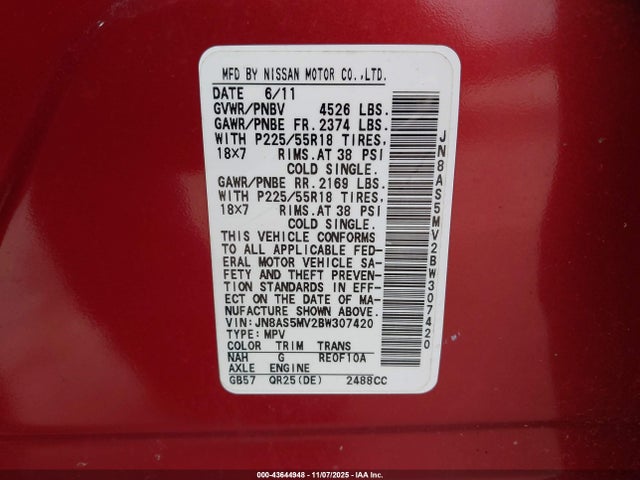 2011 NISSAN ROGUE JN8AS5MV2BW307420 Photo 8