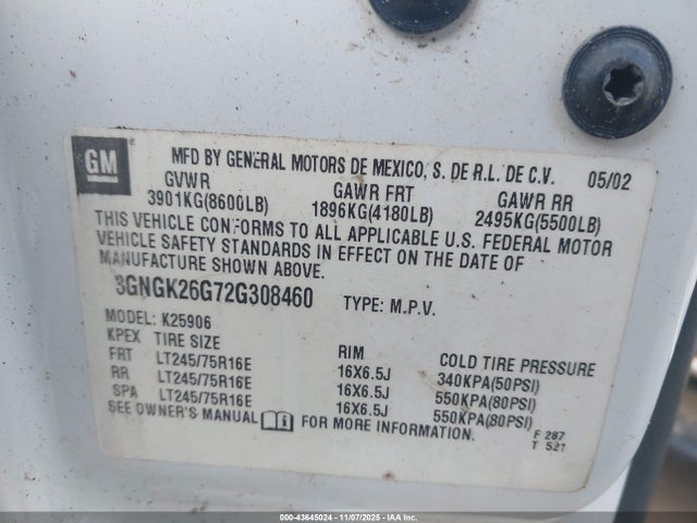 2002 Chevrolet Suburban 2500 Ls მანქანა იყიდება აუქციონზე, vin: 3GNGK26G72G308460, აუქციონის ნომერი: 43645024