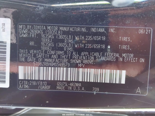 Toyota Highlander Le 2021 5TDBZRBH6MS549579 Image 9