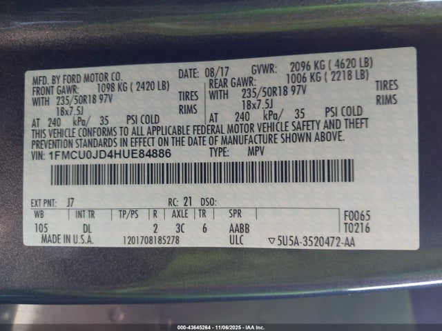 Продаж на аукціоні авто 2017 Ford Escape Titanium, vin: 1FMCU0JD4HUE84886, номер лоту: 43645264