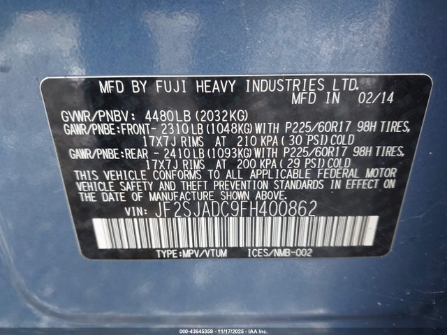 2015 Subaru Forester 2.5i Premium მანქანა იყიდება აუქციონზე, vin: JF2SJADC9FH400862, აუქციონის ნომერი: 43645359
