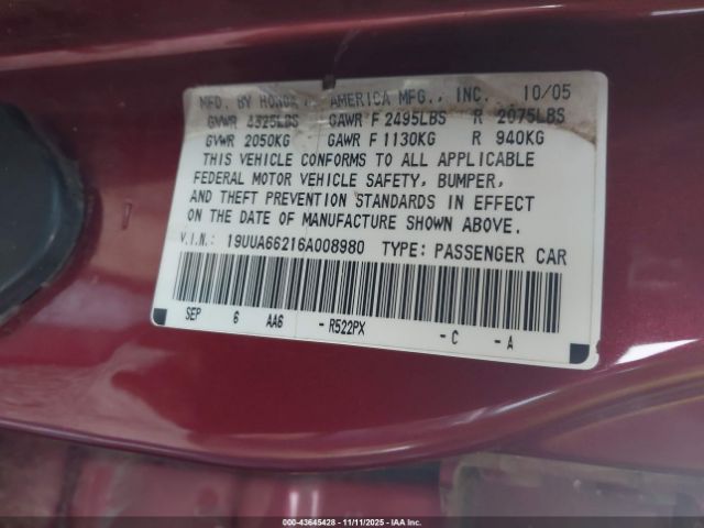 2006 ACURA TL 19UUA66216A008980 Photo 8