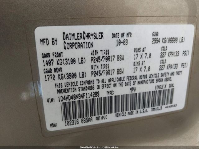 2004 DODGE DURANGO 1D4HD48N94F114289 Photo 8