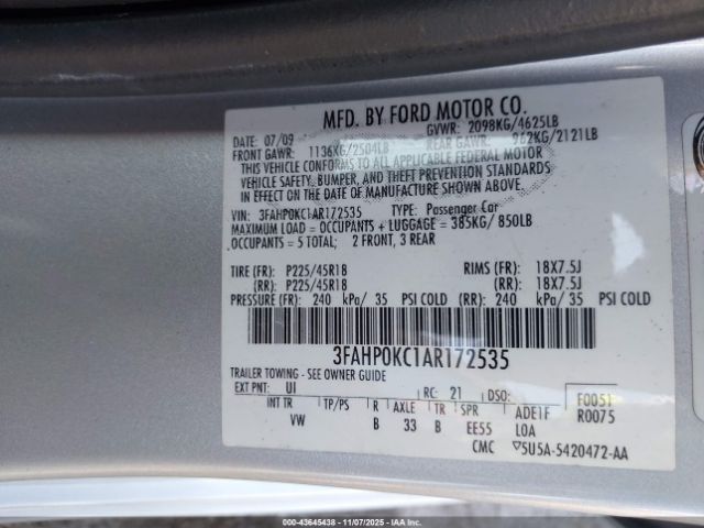 2010 FORD FUSION 3FAHP0KC1AR172535 Photo 8