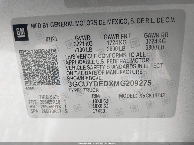 3GCUYDEDXMG209275 Chevrolet Silverado 1500 4wd Standard Bed Lt