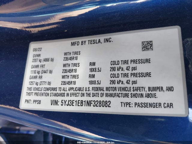 2022 TESLA MODEL 3 5YJ3E1EB1NF328082 Photo 8