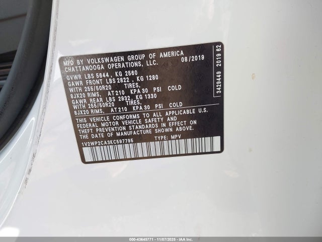 Volkswagen Atlas 2.0t Se W/technology 2019 1V2WP2CA3KC597795 Image 9