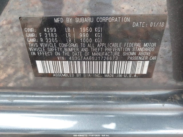 2018 Subaru Impreza 2.0i მანქანა იყიდება აუქციონზე, vin: 4S3GTAA65J1726673, აუქციონის ნომერი: 43645773