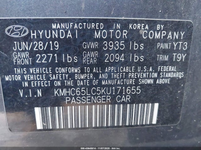 Aukcja sprzedaży 2019 Hyundai Ioniq Hybrid Blue, vin: KMHC65LC5KU171655, numer aukcji: 43645814