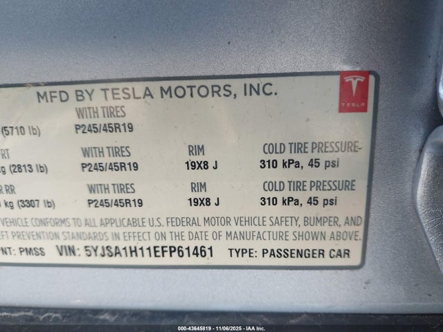 Aukcja sprzedaży 2014 Tesla Model S P85, vin: 5YJSA1H11EFP61461, numer aukcji: 43645819
