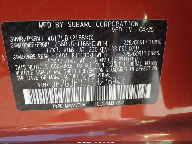 Subaru Crosstrek Premium 2025 JF2GUHDC1SH276943 Image 9
