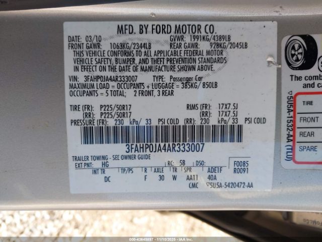 2010 FORD FUSION 3FAHP0JA4AR333007 Photo 8