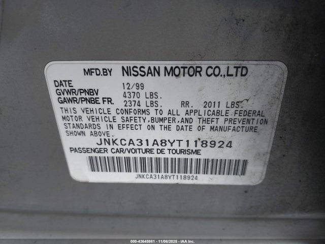 Продаж на аукціоні авто 2000 Infiniti I30 Luxury/touring, vin: JNKCA31A8YT118924, номер лоту: 43645981