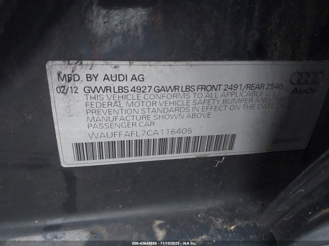 43645988 :رقم المزاد ، WAUFFAFL7CA116405 vin ، 2012 Audi A4 2.0t Premium مزاد بيع