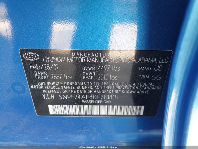 5NPE24AF8KH781818 Hyundai SONATA SE