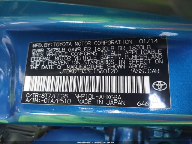JTDKDTB33E1560120 Toyota Prius C Three