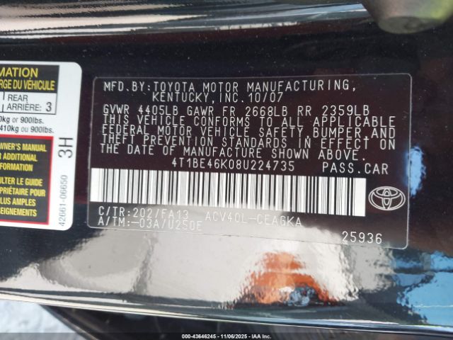 2008 TOYOTA CAMRY 4T1BE46K08U224735 Photo 8