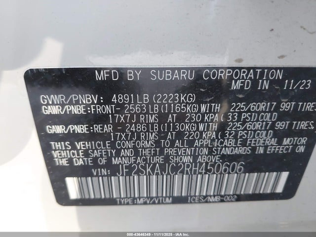 2024 Subaru Forester Wilderness მანქანა იყიდება აუქციონზე, vin: JF2SKAJC2RH450606, აუქციონის ნომერი: 43646349