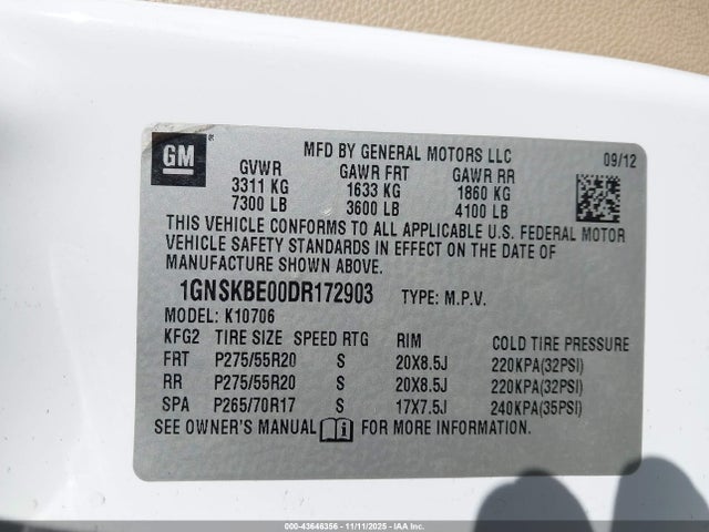 Продажа на аукционе авто 2013 Chevrolet Tahoe Lt, vin: 1GNSKBE00DR172903, номер лота: 43646356