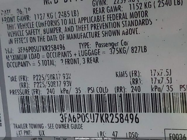 2019 FORD FUSION ENERGI 3FA6P0SU7KR258496 Photo 8