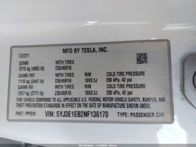2022 TESLA MODEL 3 5YJ3E1EB2NF136170 Photo 8