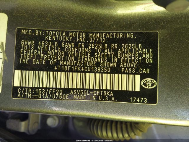 2012 TOYOTA CAMRY 4T1BF1FK4CU138350 Photo 8