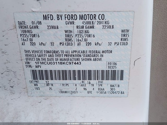 43646587 :رقم المزاد ، 1FMCU03118KC97443 vin ، 2008 Ford Escape Xlt مزاد بيع