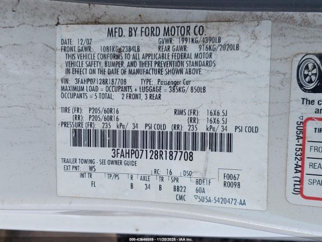 2008 FORD FUSION 3FAHP07128R187708 Photo 8