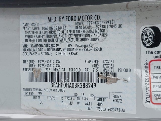 Продажа на аукционе авто 2011 Ford Fusion Se, vin: 3FAHP0HA0BR288249, номер лота: 43646596
