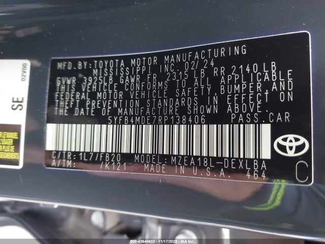 43646602 :رقم المزاد ، 5YFB4MDE7RP138406 vin ، 2024 Toyota Corolla Le مزاد بيع