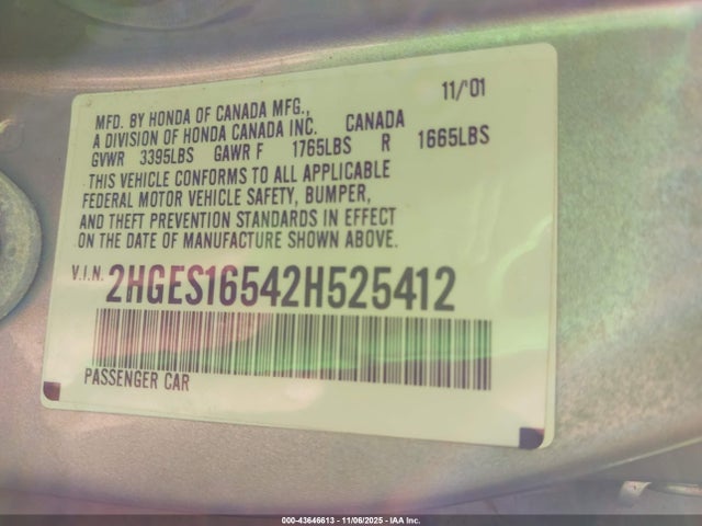 2002 Honda Civic Lx მანქანა იყიდება აუქციონზე, vin: 2HGES16542H525412, აუქციონის ნომერი: 43646613