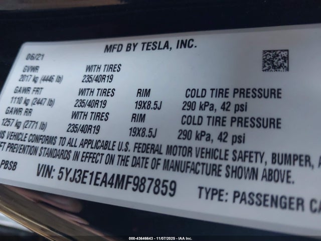 Aukcja sprzedaży 2021 Tesla Model 3 Standard Range Plus Rear-wheel Drive, vin: 5YJ3E1EA4MF987859, numer aukcji: 43646643