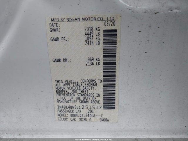 1N4BL4BW5LC251517 Nissan Altima S Intelligent Awd