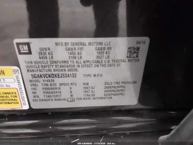 43646649 :رقم المزاد ، 5GAKVCKDXEJ334132 vin ، 2014 Buick Enclave Premium مزاد بيع