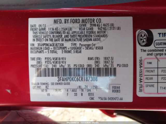 2012 FORD FUSION 3FAHP0KC6CR187308 Photo 8