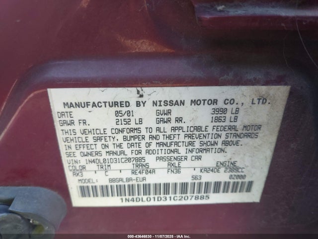 2001 NISSAN ALTIMA 1N4DL01D31C207885 Photo 8