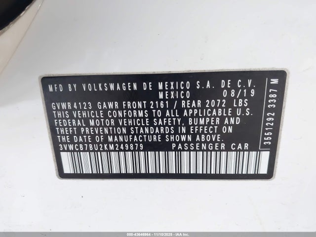 3VWCB7BU2KM249879 Volkswagen Jetta 1.4t R-line/1.4t S/1.4t Se