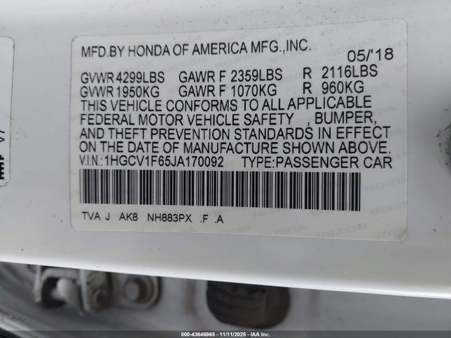 1HGCV1F65JA170092 Honda Accord Ex-l