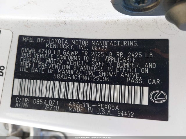 2022 LEXUS ES 300H 58ADA1C11NU025096 Photo 8