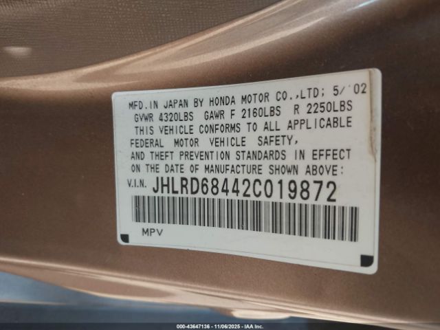 2002 HONDA CR-V JHLRD68442C019872 Photo 8