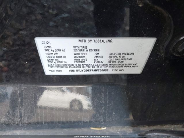2021 TESLA MODEL Y 5YJYGDEF7MF230662 Photo 8