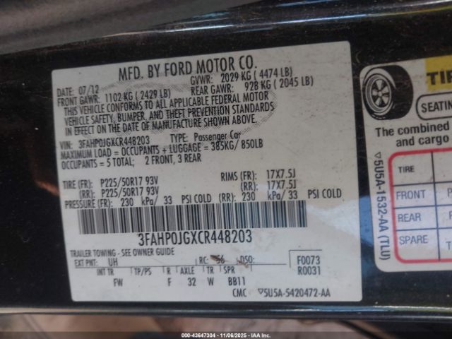 2012 FORD FUSION 3FAHP0JGXCR448203 Photo 8