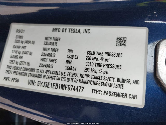 2021 TESLA MODEL 3 5YJ3E1EB1MF974477 Photo 8