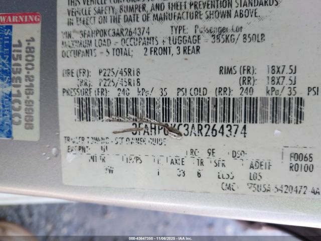 2010 FORD FUSION 3FAHP0KC3AR264374 Photo 8