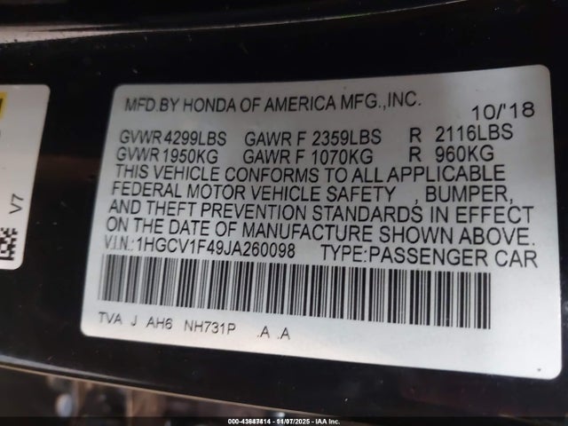 Продажа на аукционе авто 2018 Honda Accord Ex, vin: 1HGCV1F49JA260098, номер лота: 43647414